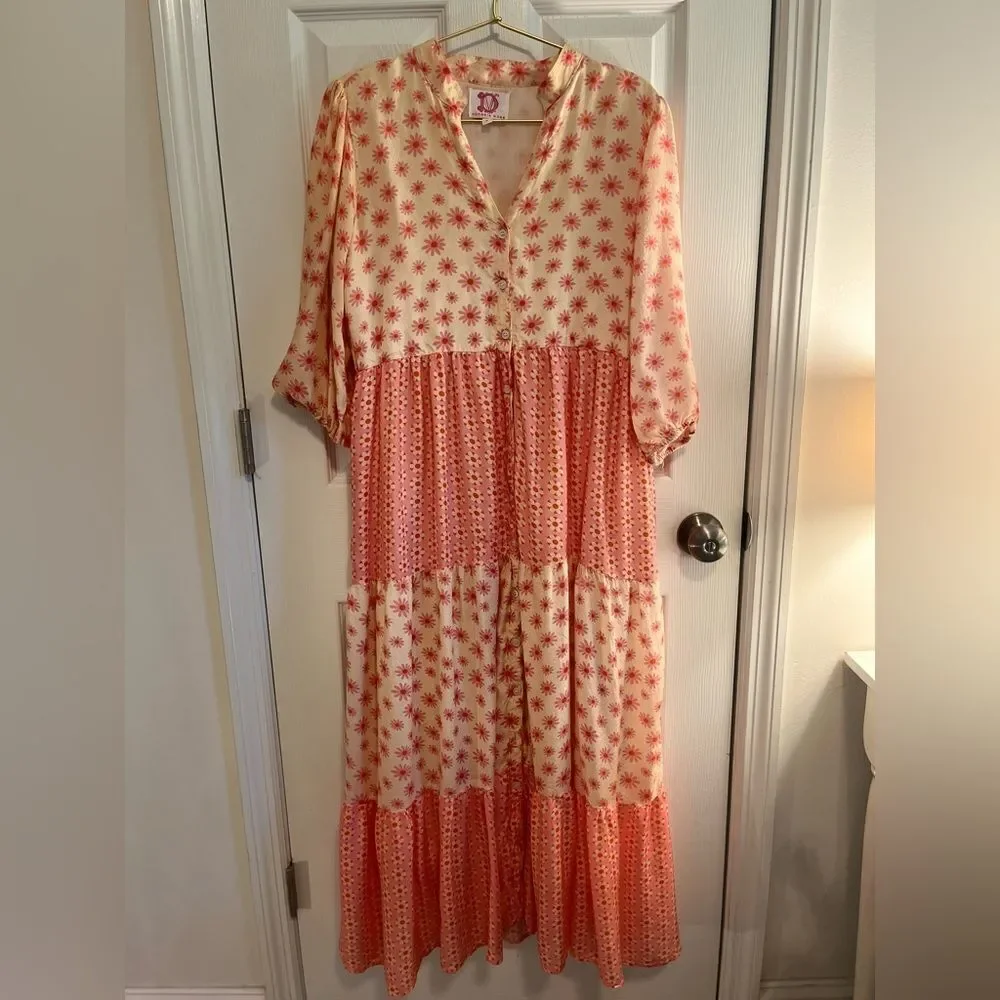 Victoria Dunn Cream & Pink Long Sleeve Dress